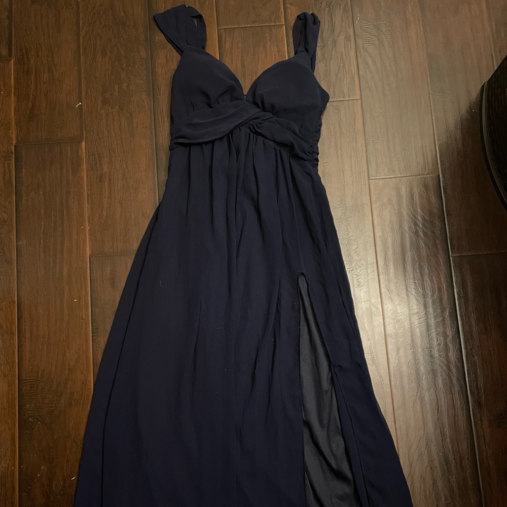 HAODUOYI Midnight Blue Dress with Leg Slit